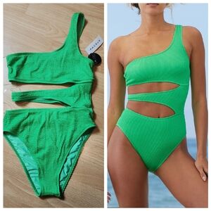 NWT Salero Swim Pacsun Green Crinkle Scrunch One Shoulder 1-Piece Swimsuit Small